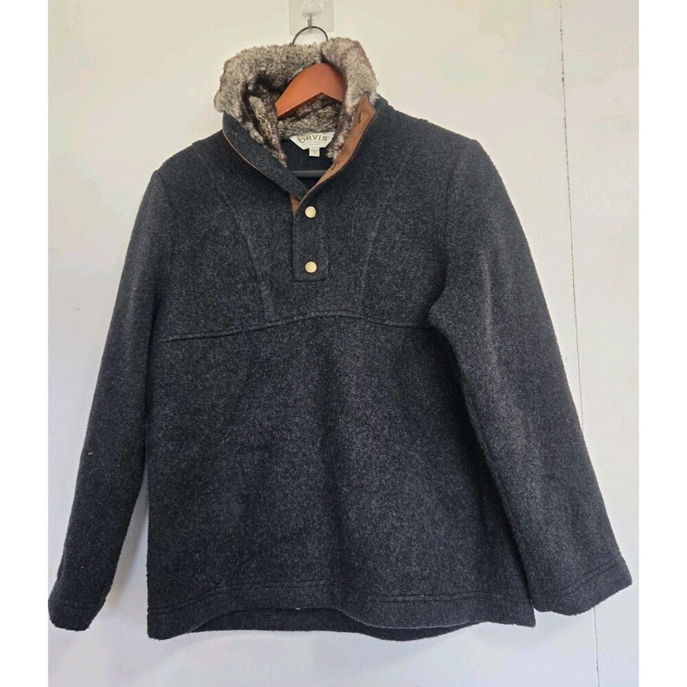 Orvis Sweater Womens Size M Snap Pullover Faux Fur Collar Grey Jacket Outdoor - Picture 1 of 9